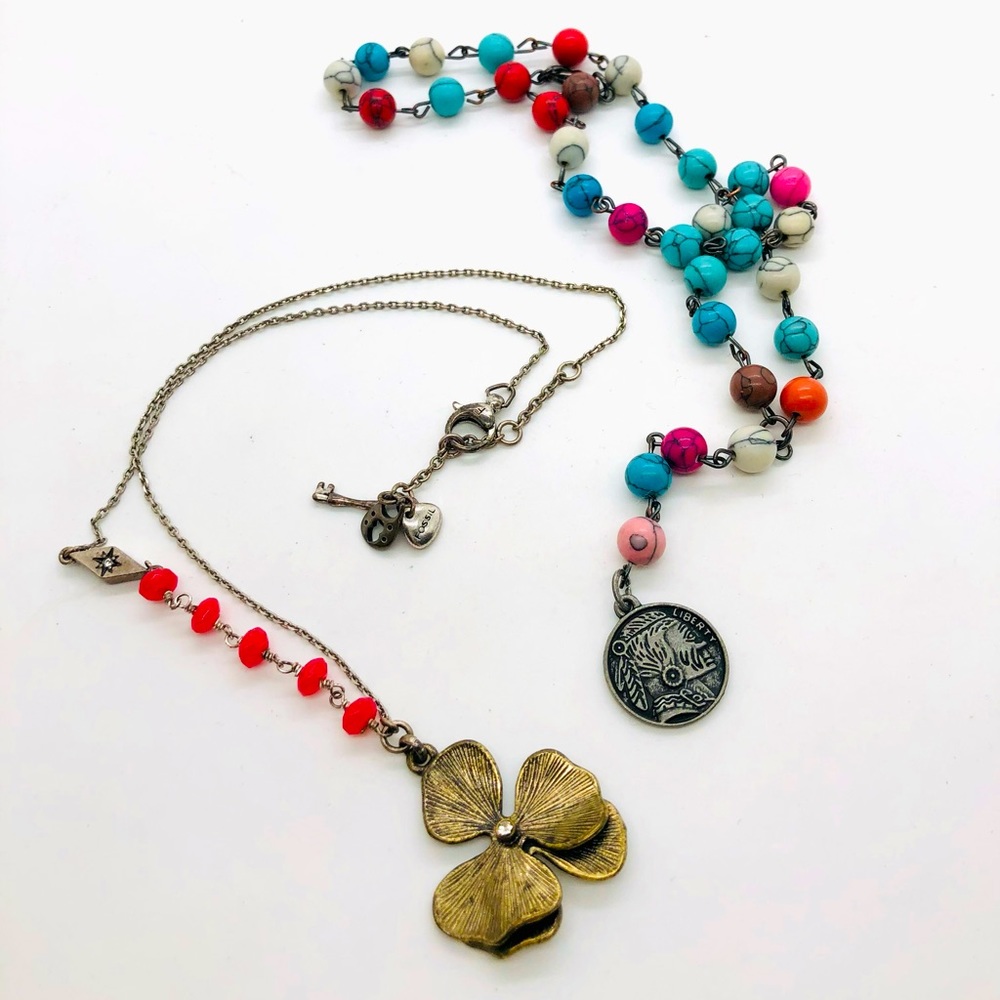 Vintage Fossil Necklace & Y coin Necklace